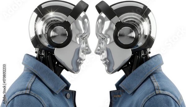 Fototapeta Two metallic humanoid heads wearing black headphones and denim jackets facing each other robot android transparent background