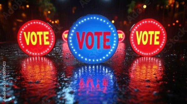 Fototapeta Illuminated "Vote" signs on wet ground at night, reflecting in puddles.