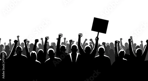 Obraz Silhouette Crowd of Protesters Holding Signs and Raising Fists in Demonstration