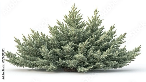 Fototapeta Lush, full evergreen shrub with bluish-green needles isolated on white background.