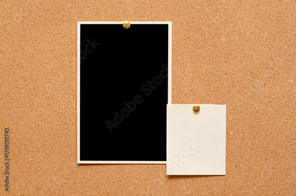 Fototapeta Blank paper notes and an empty photo are pinned to a cork board. The concept of detective investigation or a webinar.