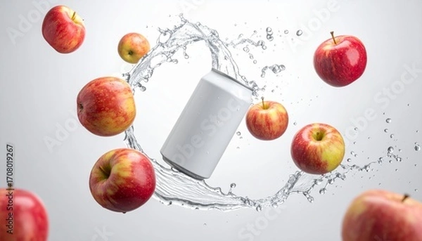 Fototapeta Blank white can with water splash and apples