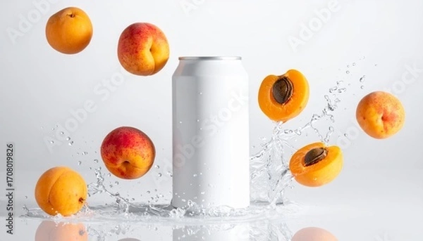 Fototapeta Blank white can with water splash and apricots