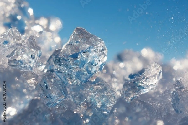Fototapeta Closeup of ice crystals on a cold day, with a blue sky in the background, creating a beautiful and serene winter scene