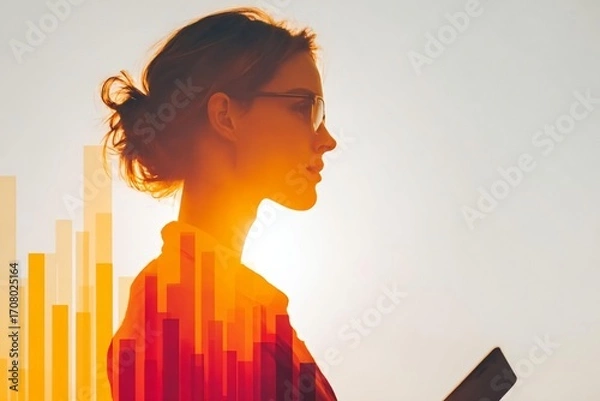 Fototapeta Woman Silhouette with Smartphone and Colorful Graphical Overlay - Double exposure