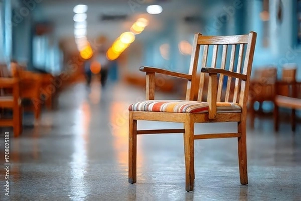 Fototapeta Wooden chair with colorful seat in a corridor with soft lighting