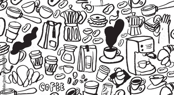 Fototapeta Isolated vector coffee doodle set. Hand drawn cute coffee, food and desserts. Sketch, Breakfast doodle set elements. Menu. Cafe. Black pencil, chalk illustration. Turk, coffee maker. 