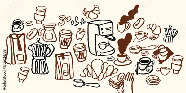 Fototapeta Isolated vector coffee doodle set. Hand drawn cute coffee, food and desserts. Sketch, Breakfast doodle set elements. Menu. Cafe. Black pencil, chalk illustration. Turk, coffee maker. 