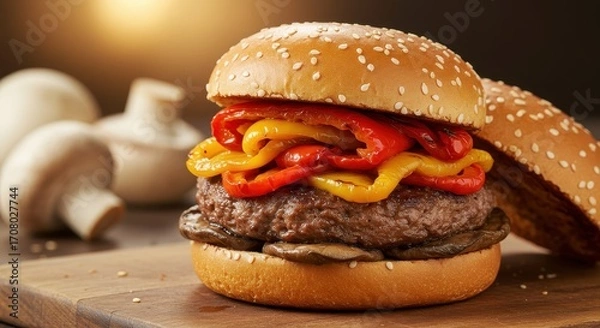 Fototapeta Juicy hamburger with colorful peppers on sesame seed bun placed on wooden board background