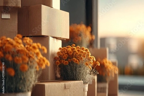 Fototapeta Stacked Boxes and Orange Flowers in Warm Natural Light Setting