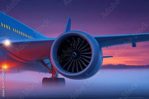 Fototapeta Stunning Aircraft Engine with Twilight Sky and Foggy Background