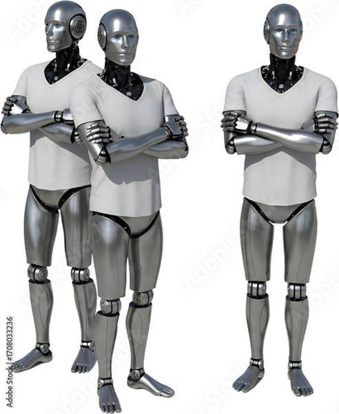 Fototapeta Three Silver Robots With Crossed Arms Wearing White T Shirts Isolated Transparent Background Android Humanoid Transparent Background