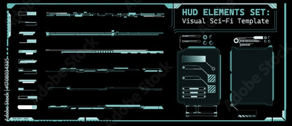 Fototapeta This graphic features a collection of futuristic HUD elements organized neatly on a dark background. The design is ideal for digital projects needing sci-fi visuals or user interface components