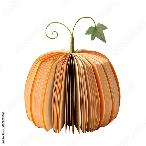 Fototapeta Creative pumpkin shaped book with orange pages and a green stem and leaf isolated on transparent background