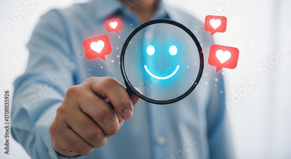 Fototapeta Unveiling Happiness Magnifying Joy Likes and Positive Customer Experience Social Media Engagement and Feedback and