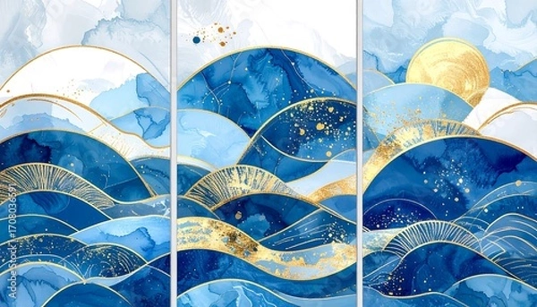 Obraz Abstract Blue & Gold Wave Triptych