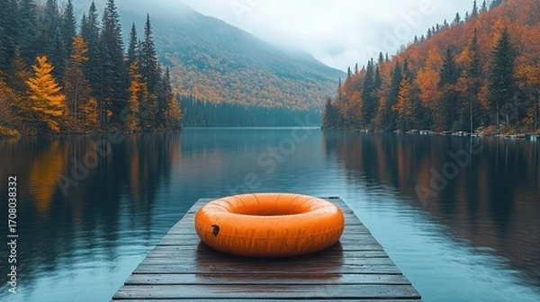 Fototapeta Orange inflatable ring on wooden dock overlooking serene autumn lake nestled in misty mountains.