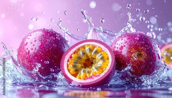 Obraz Water splash with passion fruits