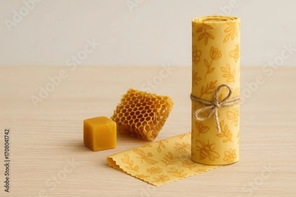 Fototapeta Beeswax wrap roll with floral print and honeycomb on light wooden table ideal for eco packaging advertising and sustainable food storage concepts