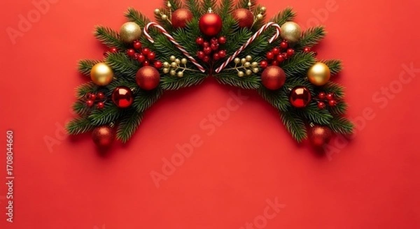 Fototapeta Christmas wreath with red and gold ornaments on a red background.