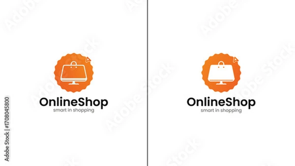 Fototapeta Online Shop Logo with Shopping Bag, Badge, Computer, Monitor and Cursor Icon. Minimal E-commerce Emblem-type Store Logo Symbol in Orange Gradient.
