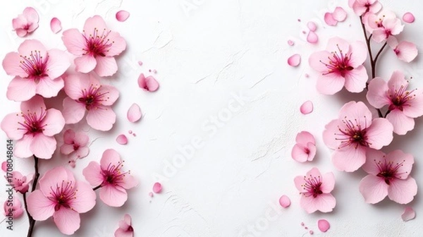 Fototapeta Pink cherry blossoms arranged symmetrically on a white background with copy space in the center.