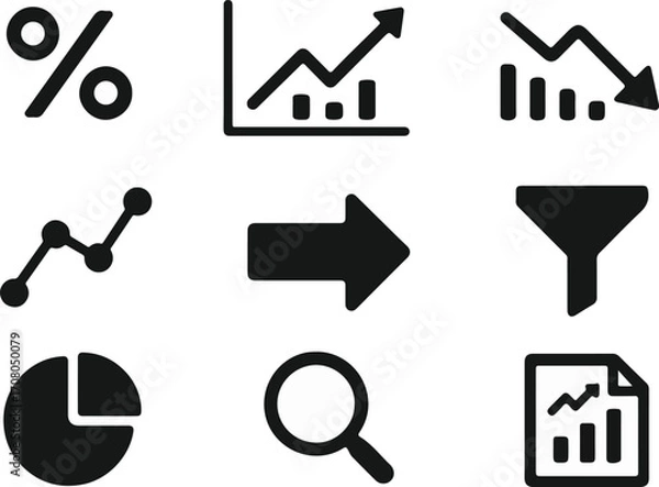 Fototapeta Analytics dashboard glyph icon set. Vector pictograms of percent, growth graph, decline, trend, arrow, filter, segmentation, magnify, analysis, document, silhouette illustration
