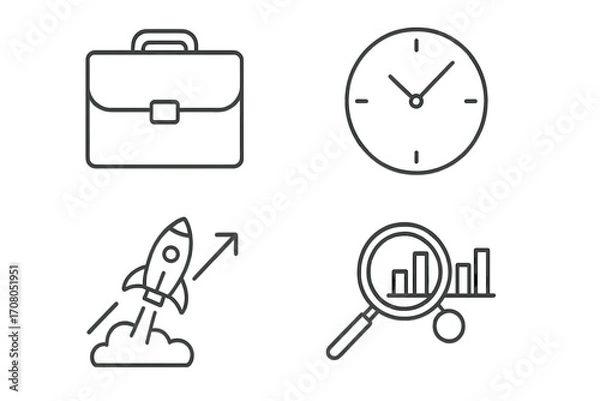 Fototapeta Business startup and management thin line icon set. Concepts of growth, time management, data analysis, and project launch. Includes briefcase, clock, rocket, and chart icons. Editable stroke vector.