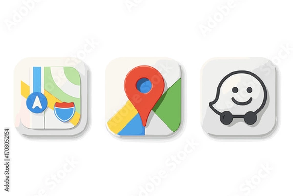 Fototapeta Apple Maps, Google Maps, Waze popular GPS navigation app icons. Neumorphism style 3D vector set. Location pin, map, route, and direction symbols. Software logo collection.