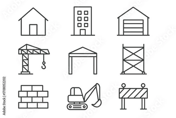 Fototapeta Construction and building line icon set. Real estate and architecture symbols. Vector house, crane, excavator, scaffolding, and garage. Editable stroke pictograms for web.