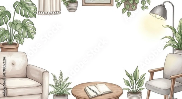 Fototapeta Charming watercolor frame depicting a comfortable living space adorned with numerous potted green plants, offering a tranquil and inviting domestic atmosphere