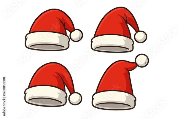Fototapeta Set of 4 Santa hats in red and white festive colors, Christmas winter caps, vector cartoon illustrations with transparent background, holiday headwear collection, seasonal accessory design