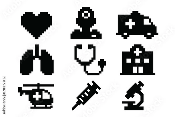 Fototapeta Pixel style medical icons set with heart, doctor silhouette, ambulance, hospital building, lungs, stethoscope, medical helicopter, syringe, microscope, and healthcare symbols vector