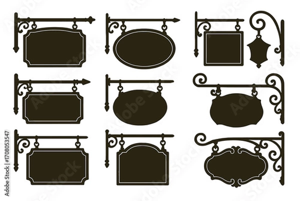 Fototapeta Vintage signboard silhouette set, vector cartoon illustration with transparent background, classic hanging shop signs collection, ornate decorative street signage design, retro advertising panels