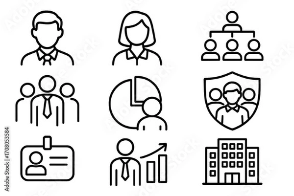 Fototapeta Staff and company outline style icons set for design, business cards, apps, and social networks. Vector cartoon illustration with transparent background. Team, leadership, office symbols