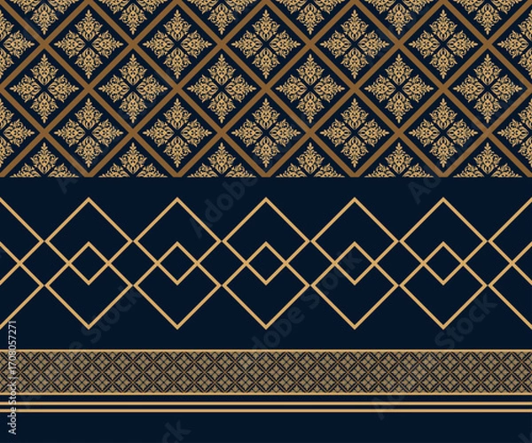Obraz Intricate geometric pattern in dark blue and gold, ideal for design backgrounds. The complex details of the patterns give it a vintage and elegant appeal, perfect for textiles or design projects