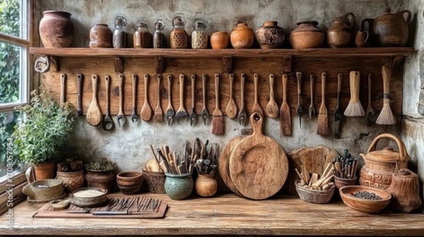 Fototapeta Rustic workshop interior with pottery, wooden tools, and herbs displayed on shelves and workbenches near a window.