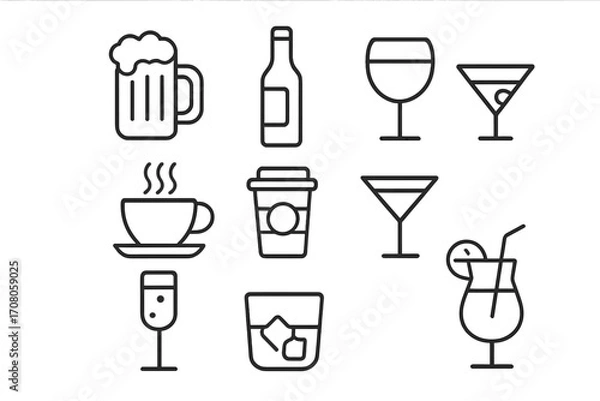 Fototapeta Beverage and drinks line icon set. Editable stroke vector symbols for bar menu, cafe, web, apps. Includes beer, wine, coffee, cocktail, whiskey, and champagne glass icons.