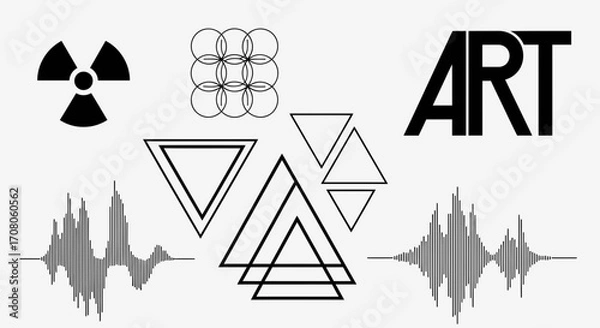 Fototapeta A collection of abstract graphic elements including a radiation symbol, geometric shapes, the word art, and sound wave visualizations, all isolated on a