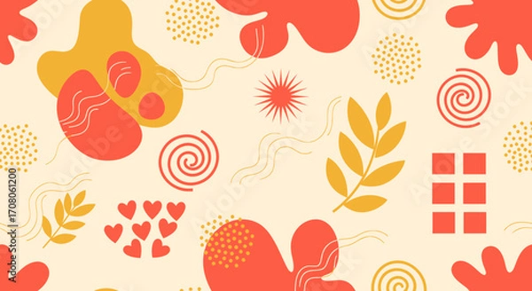 Fototapeta Abstract organic shapes and patterns in warm coral and yellow tones on a cream background, featuring playful hearts, leaves, swirls, and dots, creating a whimsical and modern design