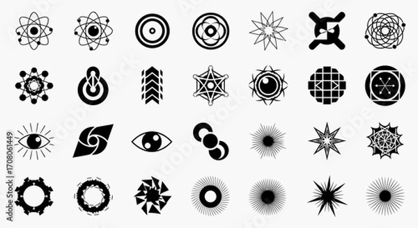 Fototapeta A collection of abstract geometric symbols and icons, including atomic structures, eyes, gears, and starbursts, isolated on a