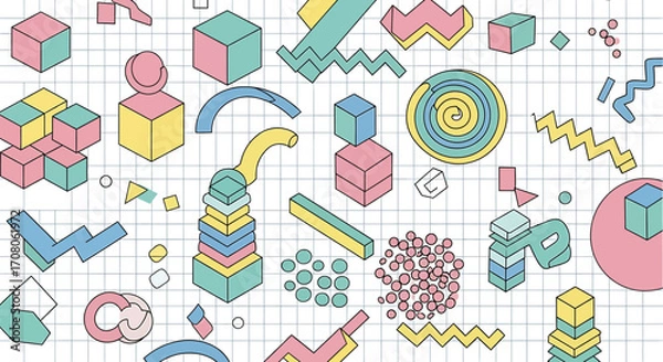 Fototapeta Abstract geometric shapes and patterns in a retro isometric style on a grid background