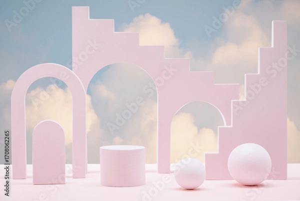 Fototapeta Minimal geometry cylinder podium table top with blue sky pink white cloud background.product placement pedestal modern stand display,surreal paradise dreamy concept.