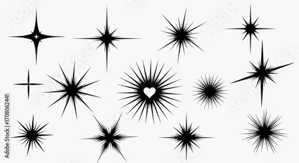 Fototapeta Collection of black starbursts and sparkles, including a star with a heart in the center, representing celebration, magic, and light