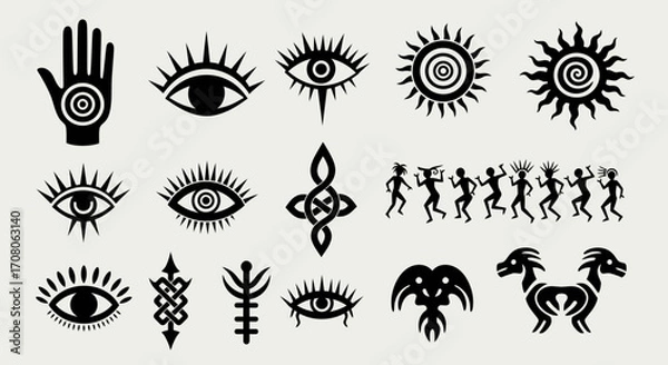 Fototapeta Collection of mystical and occult symbols including eyes, hands, suns, tribal figures, and abstract designs, isolated on a light background