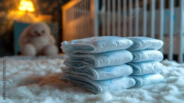 Fototapeta Stack of baby diapers on a fluffy surface in a nursery.