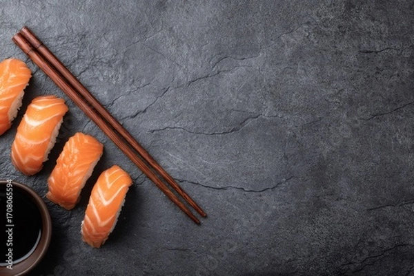 Fototapeta Salmon nigiri with soy sauce and chopsticks beautifully arranged on a dark slate surface, creating an elegant culinary scene