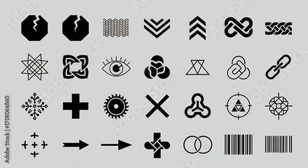Fototapeta A collection of abstract geometric symbols and icons, including shapes, patterns, and abstract representations, presented on a neutral background