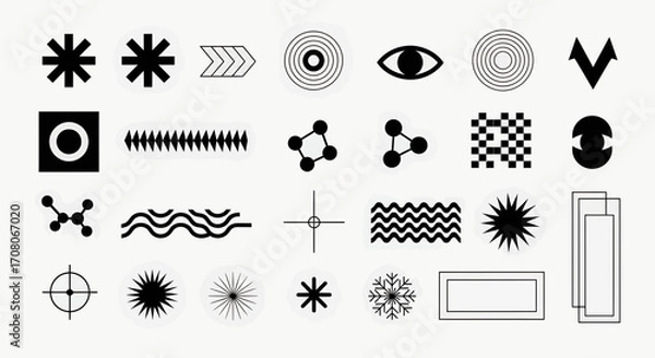 Fototapeta A collection of abstract geometric shapes and symbols, including stars, eyes, waves, and molecular structures, isolated on a
