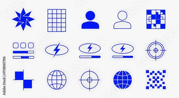 Fototapeta A collection of abstract geometric icons and symbols in blue on a, including a starburst, grid, user profiles, target, globe, and progress bars